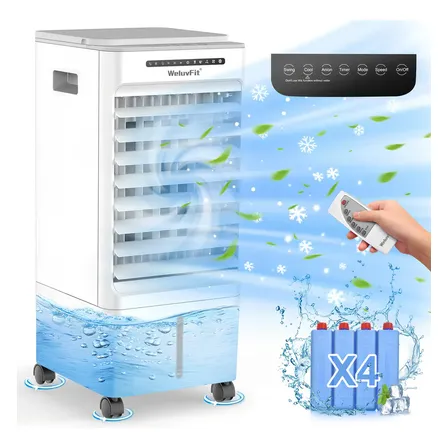Weluvfit Enfriador De Aire Evaporativo, Acondicionadores De Aire Portátiles 3 En 1 Con Tanque De Agua De 5 L, 3 Velocidades, Ventilador Aire Con Control Remoto Blanco