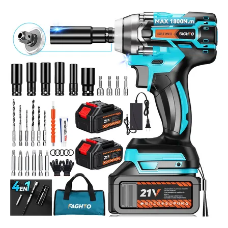 Llave De Impacto Inalámbrico 1800n.m 4 En 1 Faghto 1500w 8000rpm 2 X 21v 13000mah Baterías Y Luz Led 40 Accesorios... Azul 60 Hz