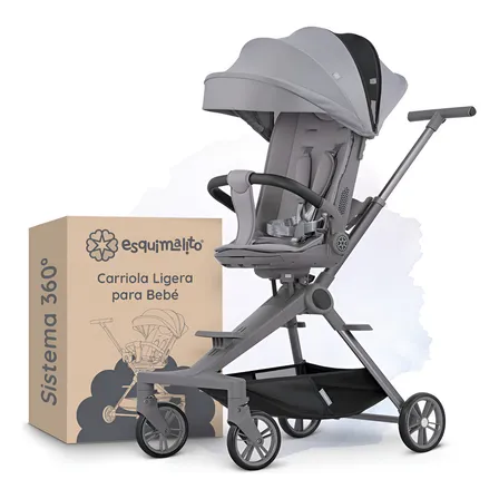 Carriola Para Bebé Ligera Esquimal, Portátil, Plegable, Con Asiento Giratorio 360°, Reclinable A 3 Posiciones, Portavasos Removible ( Gris )