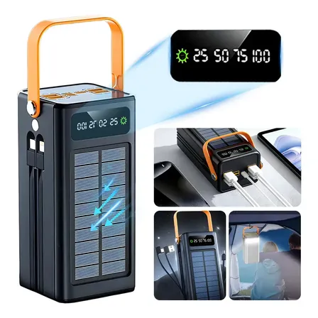 120000mah Power Bank Solar Portátil 150w Carga Rápida Con Cables Integrados, Powerbank Carga Rapida, Pilas Inalambricas,... Negro