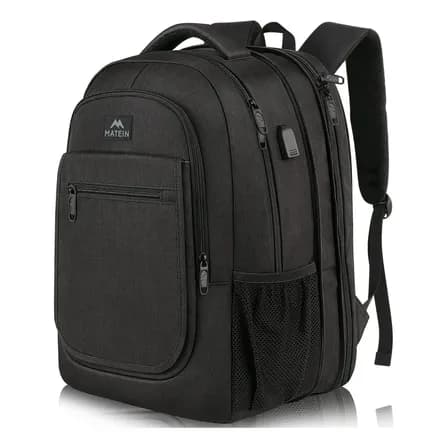 Mochila De Viaje Matein 1364 Mochila Para Laptop De 15.6 Pulgadas 36.8 L Expandible Grande Capacidad Mejor Mochila Para Escolar Impermeable Y Antirrobo Negro Liso