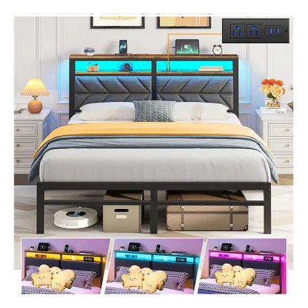 Furrific Cama Matrimonial Con Cabecera Tapizada, Base Metálica Con Almacenaje, Luces Rgb Led Inteligentes Y Estación De... Bordó