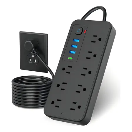 Multicontacto Regleta 12 En 1 Con Cable De 2m, Extensión Eléctrica Con Protección Contra Sobrecargas, Conector Multiple Para Escritorio Con 8 Salidas Ca Y 4 Puertos Usb (1 Usb-c) Negro