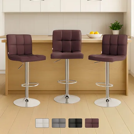 Set 3 Bancos Altos Cocina Barra Silla Desayunador Blick Acabado De La Estructura Cromado Color Marrón Oscuro