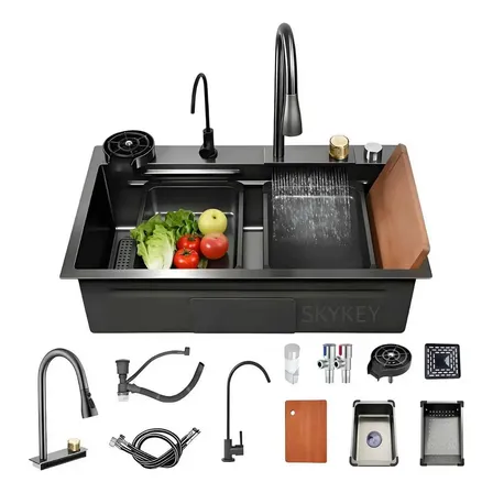 Fregadero De Cocina Multifuncional Black Diamond 80×45×22: Centro De Cocina Todo-en-uno Con Integración De Purificación De Agua, Escurrimiento Negro