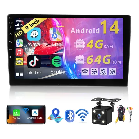 Gearelec Auto Estéreo Carplay 4gb+64gb 2 Din 9 Pulgadas Android Auto Wifi Gps Aux Rca Fm Volante Con Cámara Trasera Android 14