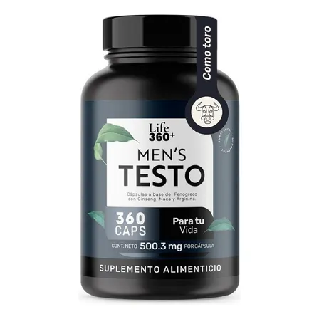 Men's Testo Fenogreco Maca L-arginina Suplemento Alimenticio 360 Cápsulas | Life360+ Testosterona Hombre Sin Sabor