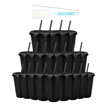 20 Vasos Reutilizables Plástico 500 Ml C/tapa Y Popote