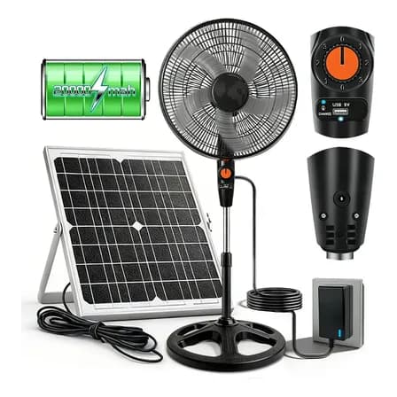 16 Ventiladores Solares Recargables 3 En 1 Silencioso Ventiladores De Piso Con Bateria Recargable Y Luz 45 Cm 60 Hz Negro Metálico 5