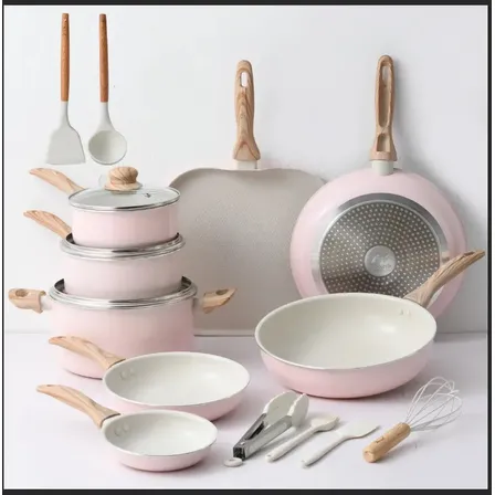 Batería De Cocina Juego De Utensilios De Cocina Antiadherentes De 17 Piezas,color Rosa,marca Chefkoch, Incluye Bandeja Para Hornear, Olla Para Sopa, Cazuela, Cacerola Para Leche, Wok Y Sartén Plano.