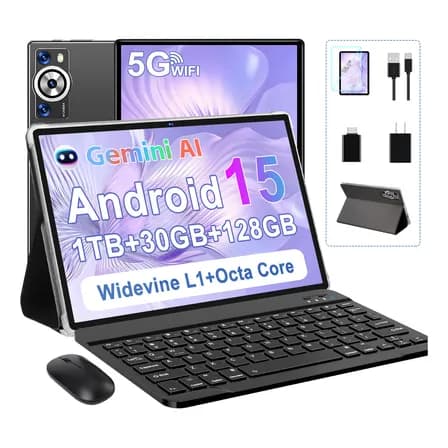 Tablet Android 15 Gemini Ai Tablet 10 Pulgadas Con 30gb Ram+128gb Rom/tf 2tb, Octa-core 2.0 Ghz, 8000mah, 5g Wifi, Gms Tablets Widevine L1 Fhd, 8+5mp, Bt 5.0, Gps, Funda, Teclado Y Ratón - Negro