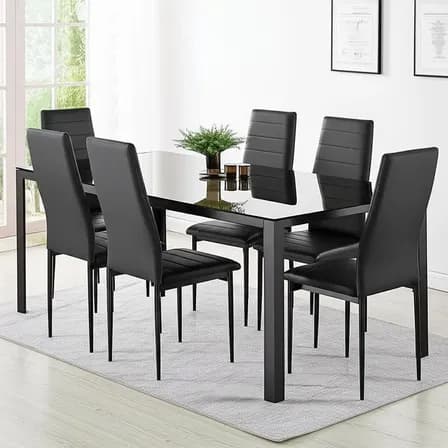 Juego De Comedor Con Mesa Vidrio Templado 6 Sillas Rectangular Moderno Color Negro Kingshouse