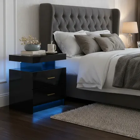 Buró Mesilla De Noche Led Alto Brillo Con 2 Cajones Moderno