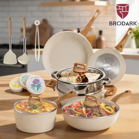 Brodark Juego De 15 Piezas Sartenes Batería De Cocina Wok Antiadherentes Sartén Ollas Y Medical Stone Compatible Para Inducción Y Gas Color Blanco