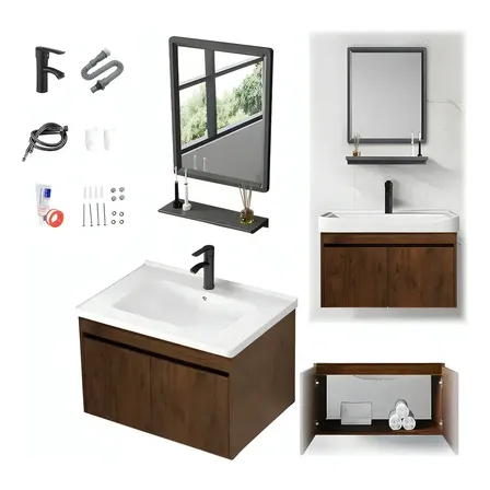 Moderno Minimalista Kit De Lavabo Rectangular Para Baño 51cm X 36cm,con Espejo Armario Grifo Marrón Oscuro