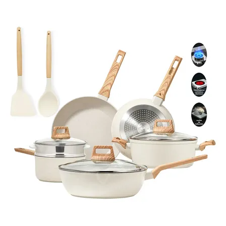 Batería De Cocina Gruesa Antiadherente De Cerámica En Blanco De La Marca Chefkoch, 11 Piezas, Que Incluye Olla Sopera, Cacerola, Sartén Plana, Wok Y Sartén Profunda White