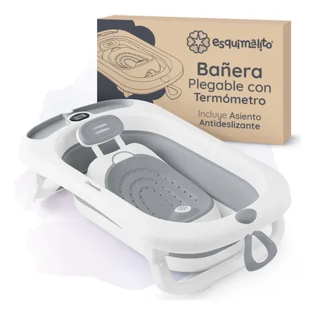 Bañera Para Bebé Con Termómetro Esquimal, Tina De Baño Plegable Con Asiento Antideslizante, Recién Nacidos Hasta Niños De 3 Años ( Gris )