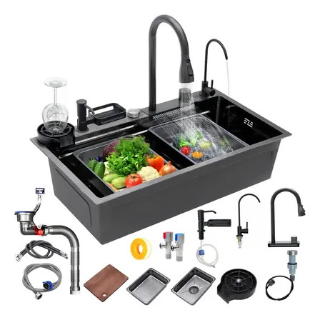 Fregadero De Acero Inoxidable Negro 80x45x22cm: Tarja Para Cocina Con Diseño Cascada, Tipo Empotrar Y Kit Con Organizador