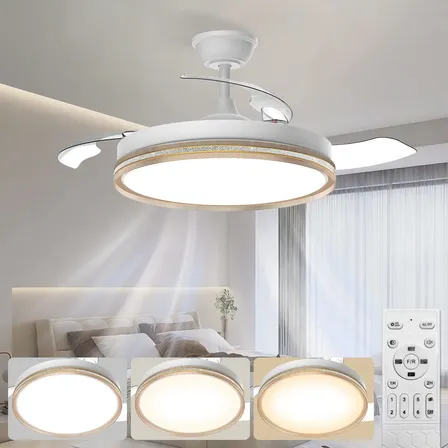 Ventilador De Techo Dorado Retráctil 42  Con Luz Led De 3 Tonos, Motor Dc Silencioso, 6 Velocidades, Control Remoto, Aspas Invisibles, Reversible Para Verano E Invierno, Diseño Moderno Interior