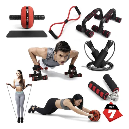 Kit De Ejercicio Rueda Para Abdomen Gimnasio Push Up Fitness Color Negro/rojo