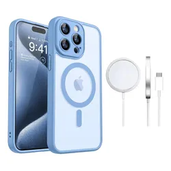 Funda Case Para iPhone Azul Con Magsafe + Cargador Inalambrico Uso Rudo Antideslizante Mate Translúcido A Prueba De Golpes Para iPhone 12 Pro Zacateq