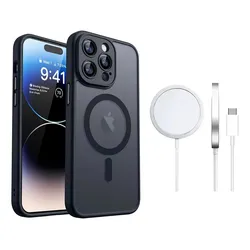 Funda Case Para iPhone Negro Con Magsafe + Cargador Inalambrico Uso Rudo Antideslizante Mate Translúcido A Prueba De Golpes Para iPhone 13 Pro Max Zacateq