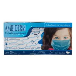 Cubrebocas Infantil Ambiderm 3 Pliegos Plisado Caja C/50pz Azul