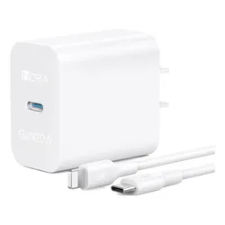 Cargador USB C GaN Turbo 3A 20W Carga Rápida Compatible con iPhone 11/12/13/XS/XR Cargador Tipo C con Cable USB C a IP 1Hora