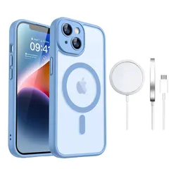 Funda Case Para iPhone Azul Con Magsafe + Cargador Inalambrico Uso Rudo Antideslizante Mate Translúcido A Prueba De Golpes Para iPhone 13 Zacateq
