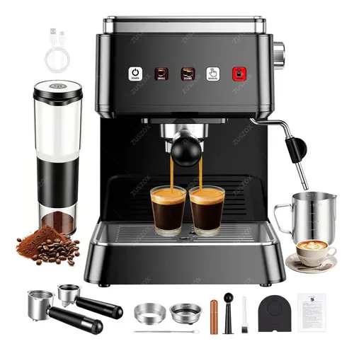 Cafetera Espresso 20 Bar Eléctrica Portátil Máquina De Café ZUSZOX con Molino de Café eléctrico, Capsule Handle and Ground Coffee Handle y accesorios, Cafetera con pantalla táctil, vaporizador