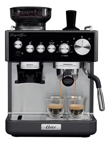 Oster Cafetera, Perfect Brew, de Espresso, con Molinillo de Muelas, 30 Configuraciones de Molienda, Tubo de Vapor Tempsense, Porta filtro de 58 mm, Accesorios Incluidos, BVSTEM7301