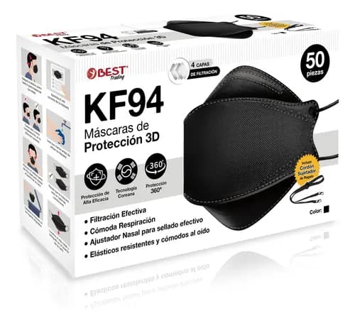 Best Trading 50 Cubrebocas Kf94 Mascarilla De Protección Certificada, Tapabocas Tipo Coreano Con 4 Capas De Protección Contra Partículas, Ajustador Nasal Oculto, Tecnología Ligera (negro)