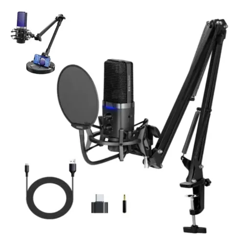 Micrófono Gamer Condensador Profesional Con Brazo, Cardioide Con Cancelación De Ruido Ganancia Monitoreo Para Streaming Podcast PC, Con Modo Rgb Ajustables, Negro 192khz /24bit