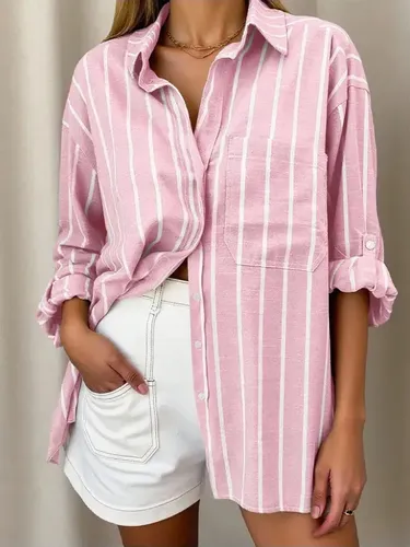 Camisa Casual De Mujer Algodón Con Rayas, Manga Larga