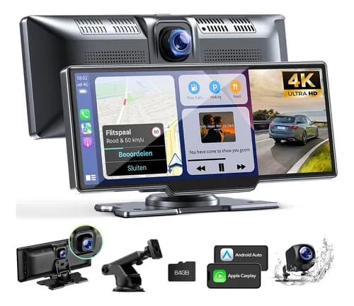 Auto Estéreos Pantalla Inalámbrico Táctil Coche Cámara Frontal 4K y Trasera 1080P Con CarPlay inalámbrico 10.26" Dashcam 4K Dvr 64GB