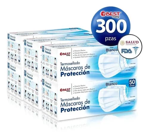 Best Trading Cubrebocas Blanco Premium 300 piezas, Mascarilla Desechable Termosellada Tricapa, Tapabocas con Ajustador Nasal Oculto y Tecnología Ligera de Filtrado Efectivo