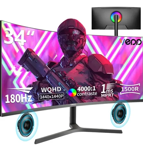 Vedd monitor Gamer Curvo 34'' 180hz 1ms WQHD 1500R Pc Freesync y G-Sync Hdmi DP Negr 1ms PS4 PS5 Xbox