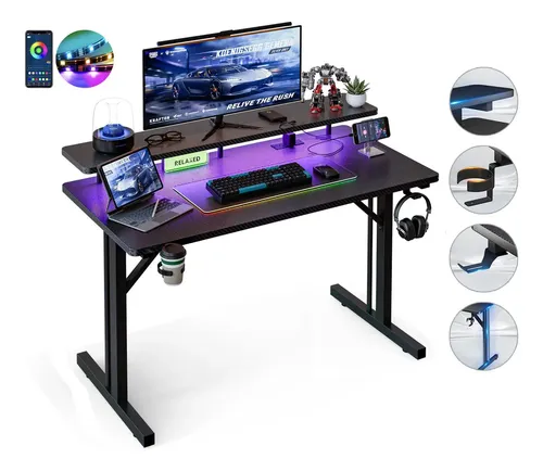 Escritorio Gamer RGB con Toma de Corriente y Puertos USB, para Computadora con Soporte para Monitor y Luces LED – 100x60 cm
