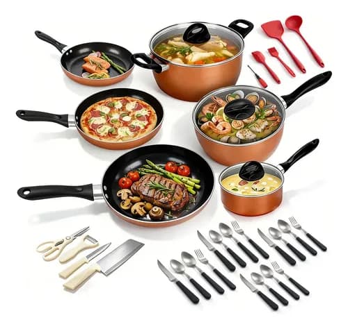 Batería De Cocina Antiadherente 34 Piezas - Juego De Ollas Y Utensilios De Aluminio Resistente Marrón Oscuro