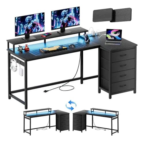 Escritorio KIXTLA Minimalista En Forma de L Con 4 Cajones, Luces LED y Puerto USB