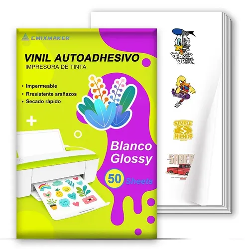 Papel Vinilo Adhesivo Blanco Glossy para Imprimir, Pack de 50 Hojas A4 para Impresora Inkjet y Cricut