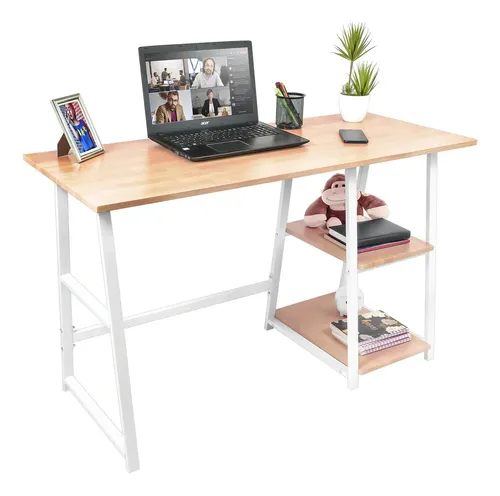 Escritorio Oficina Para Pc Con Repisas Laterales Minimalista Color Madera Marrón Clara Y Blanco