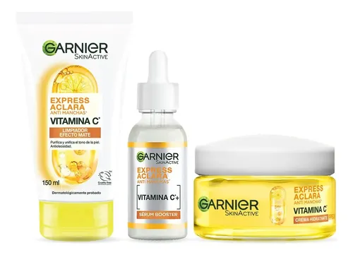 Kit Garnier Express Aclara Rutina Anti Manchas con Vitamina C, Gel Limpiador, Sérum Facial y Crema Hidratante FPS30, Hidrata, Ilumina y Unifica el Tono de la Piel
