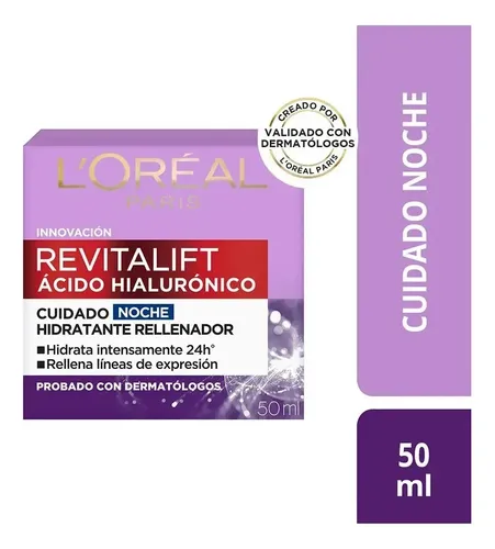L'Oreal Paris Revitalift Ácido Hialurónico Crema Hidratante de Noche, Hidrata Intensamente y Rellena Líneas de Expresión, 50 ml.