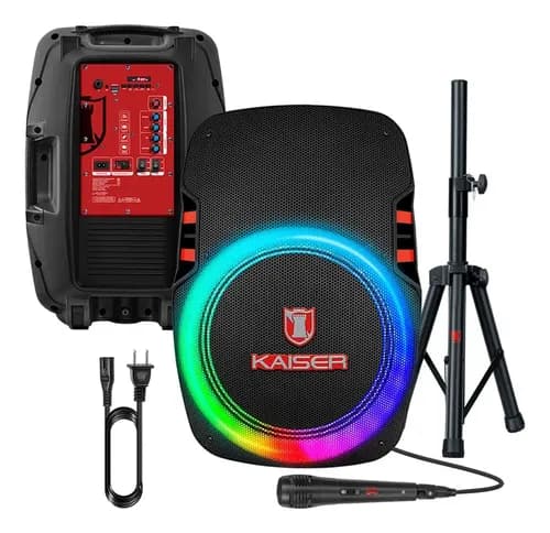Bocina Kaiser Kse-1015mx Con Micrófono Y Tripié De Regalo De 15 Pulgadas Sonido Potente Para Fiestas 40wrms Negro