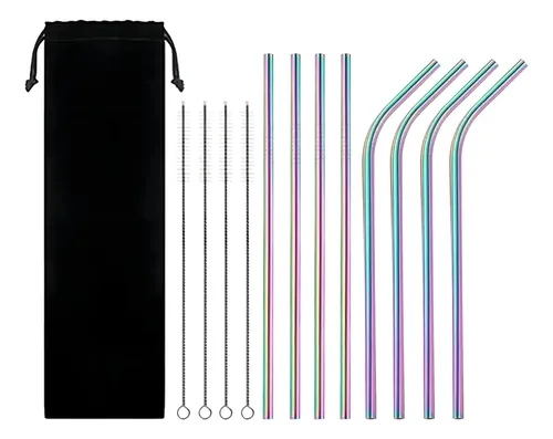 Popotes Metalicos Con Funda Kit 8 Pc +4 Cepillos Multicolor