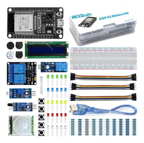 REXQualis Kit De Inicio Básico Esp32 Wifi Iot Para Arduino Con España Tutoria, Placa ESP32, diversos módulos, placa de pruebas, cables de conexión, resistencia y diversos componentes