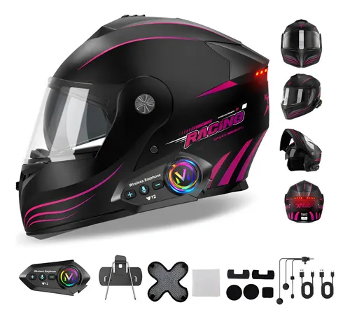Casco Motocicleta Abatible Mujer Con Bluetooth + Certificado Dot + Luz, Suzwip Cascos Para Moto Con Doble Visera, Casco Integral Para Hombres Y Mujeres, Tamaño Del Casco M