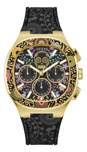 Reloj Guess Catrin Hombre Dia De Muertos Negro Dorado Negro