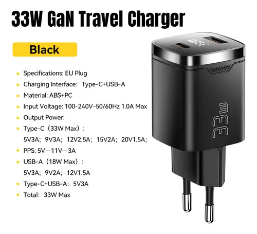 Cargador Essager 33w Gan Usb Tipo C Con Display Digital Pd